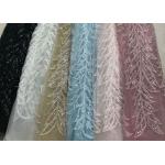 Blue Shiny Embroidered Leaf Lace Fabric With Beads And Sequins 120CM Width for sale