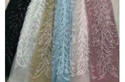 China Blue Shiny Embroidered Leaf Lace Fabric With Beads And Sequins 120CM Width supplier