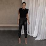Slim Women's High Waisted Leather Pants Temperament Ribbing Splicing for sale