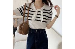 China Navy Collar Thin Retro Striped Women Knit Sweater Contrast Color supplier