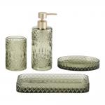 Glass Bathroom Accessories Set Green Color Round Shape Diamond Pattern Soap Dispenser Tumbler Soap Dish Towel Tray for sale