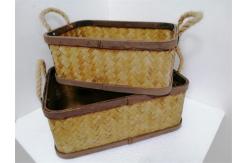 China Beige Woven Rectangle Basket Set With Rope Handle supplier
