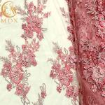 French Tulle Net Lace Fabric Pink 3D Flowers Embroidery For Party Dress for sale