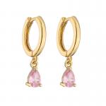 Gold Plated 18K Hoop Earrings Rectangle Water Drop Pink Zircon Diamond Pendant