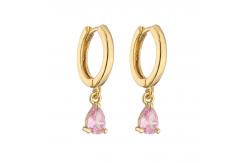China Gold Plated 18K Hoop Earrings Rectangle Water Drop Pink Zircon Diamond Pendant supplier