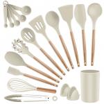 Non-stick Silicone Kitchen Utensils Wooden Handle with Holder Spatula Spoon Turner Tongs for sale