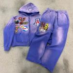 Clothing Manufacturers Custom Acid Washed Vintage Embroidery Patches Hoodies Heavyweight Wide Leg Pant Hoodie and Sweatpants Set for sale