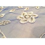 Embroidered White And Blue Sequin Floral Lace Fabric With Scalloped Edging