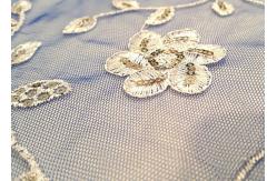 China Embroidered White And Blue Sequin Floral Lace Fabric With Scalloped Edging supplier