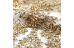 China 1 Yard Lengh Eco Friendly Gold Bridal Lace Fabric 140cm Width Beaded Heavy supplier