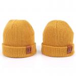 Leather Patch Knit Beanie Hats Custom Design Warm Hat Cap Yellow Beanie Hats for sale