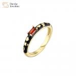 Adjustable Open Black Enamel Rings , Gold Plated Baguette Diamond Rings