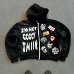 Custom Zip Up Heavyweight Cotton Terry Hoodie with Box Fit and Distressed Patch Embroidery Seasonal Essential for sale