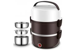 China 220V Portable Lunch Box Cooker Three Layers Stainless Steel Dark Brown OEM supplier