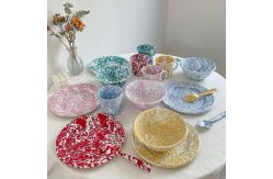 China Health Care Enamel Coating Double Coating Marble Dinnerware Set Mug Bowl Plate Camping Tableware Set supplier
