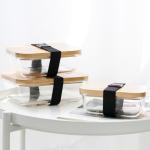 Promotional Bamboo Glass Bento Box Divided Lunch Box With Elastic Strap for sale