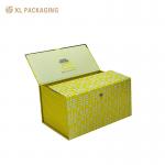 Double Door Gift Packaging Box in Yellow with Metallic Button Closure and Foil Stamping for Special Occasions for sale