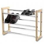 Wooden Frame Shoes Home Display Rack With 3 Layers Expand Iron Chrome Tube for sale