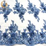 3D Embroidery Rhinestone Lace Fabric Handmade Blue African Lace Fabric for sale