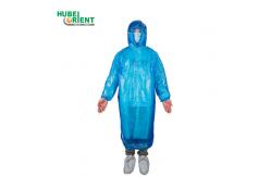 China Blue/White Elastic Cuffs Hooded PE Plastic Disposable Raincoat Waterproof supplier