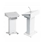 White Office Height Adjustable Desk Electric Lift Podium With Movable Casters