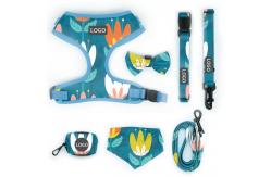 China Polyester Leopard Print Pet Harness Sets Logo Adjustable Collar Leash Mesh Dog Harness supplier