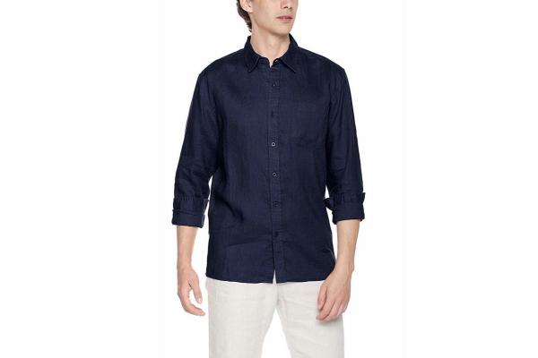 Blue Curved Hem Business Casual Linen Shirt Long Sleeve Collared Shirt