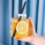 400ml Pet Square Shape Plastic Beverage Bottles Juice With Cap Food Grade Paper for sale