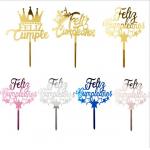 Feliz Cumpleanos Gold Happy Birthday Cake Toppers W11xH16cm Silver Acrylic Cake Topper