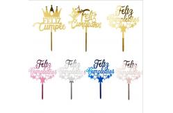 China Feliz Cumpleanos Gold Happy Birthday Cake Toppers W11xH16cm Silver Acrylic Cake Topper supplier