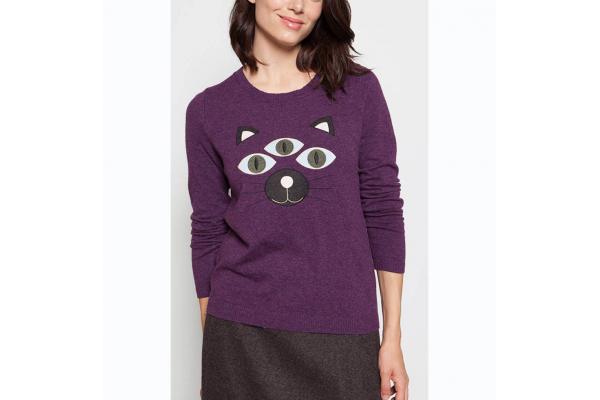 Applique Embroidery Purple Knit Pullover Sweater Cute 12gg Gauge For Winter