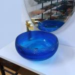 Italian Design Blue Glass Sink Bowl 16.5 Inch Round Glass Above Counter Basin for sale