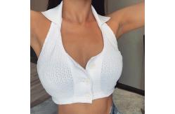 China Backless Button Front Women Crop Top , Sleeveless Cotton Halter Tank Top supplier