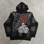 China Hoodies Custom High Quality Streetwear Skeleton Skulls Graphic Pullover Vintage Acid Wash Sun Faded Rhinestone Hoodie Men manufacturer