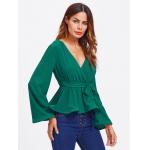 Bell Sleeve Wrap Blouse with Deep V Neck