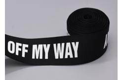 China Clothing Custom 20mm Black Polyester Webbing White Logo Screen Printed Labels supplier