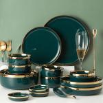 Hot Sale Exquisite Life High Quality Gold Frame Dark Green Home Porcelain Dinner Set Ceramic Tableware Set for sale