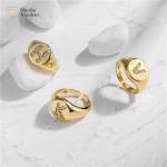 Adjustable Rhinestone Diamond Initial Ring , Chunky Zircon Gold Plated Letter Ring