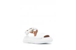 China Slip On Calfskin Leather Open Toe Flat Sandals With Raised Footbeds supplier