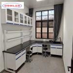 As Drawing Chemistry Lab Workbench with Number of Holes Compartments and Shelves for sale
