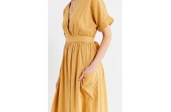 China Latest Gold Linen Maxi Long Wrap V-neck Woman Dress with Pockets supplier