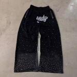 Custom Streetwear Jogger Pants Men Heavyweight Cotton Sweat Pants Rhinestone Baggy Wide Leg Sweatpants for sale