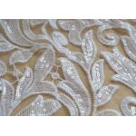 Scalloped Edge White Sequin Mesh Fabric For Party Gown Rich Leaves Design