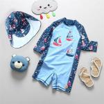 Three Piece Boys Swimwear Sets Printed Blue Boy Bathing Suit