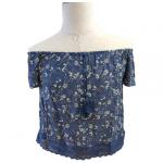 Plain dyed Laceup Ruffles Floral Print O Neck Shirt For Ladies for sale