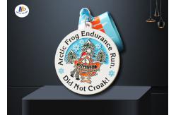 China Frog And Snow Relief Custom Race Medals Spray White With Sublimated Ribbon supplier