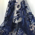 Navy Blue 3D Flower Lace Fabric with Pearl Beaded Applique for Ladies Dress for sale