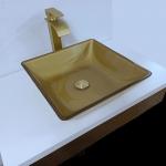 400m Washroom Basin Sink Square Vessel Smooth Brushed Gold Tempered Glass for sale