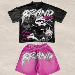 Summer Boxy Dtg Crack Screen Print Men's Shorts Set Acid Wash Vintage Tshirt Shorts Set 2 Piece Short Set Custom Logo for sale