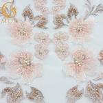 Pink Embroidery 3D Beaded Lace Fabric Handmade Water Soluble For Bridal Dresses for sale